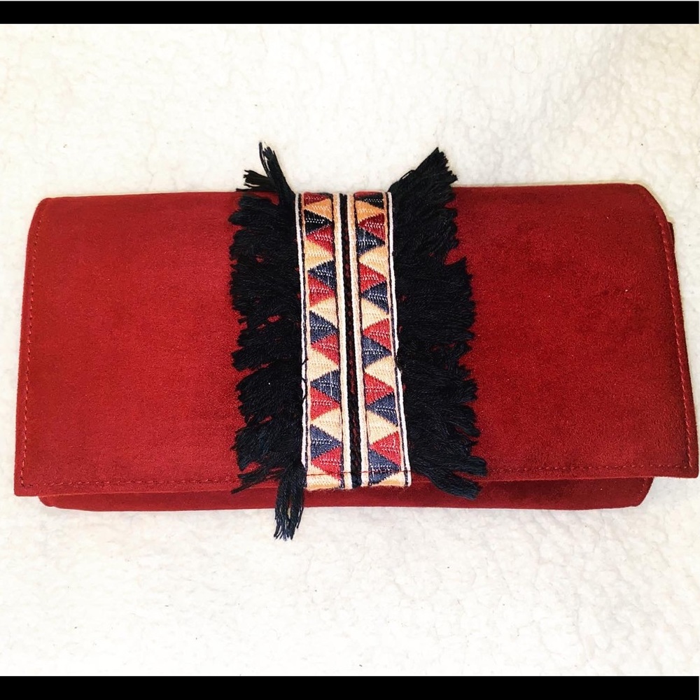 Burgundy Clutch/Navy Fringes/Abstract Triangles